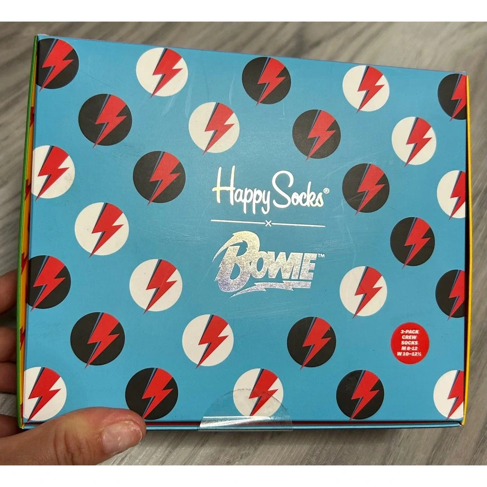 Happy Socks Mens David Bowie 3-Pack Crew Socks Cotton Blend 8-12 Multi Lightning